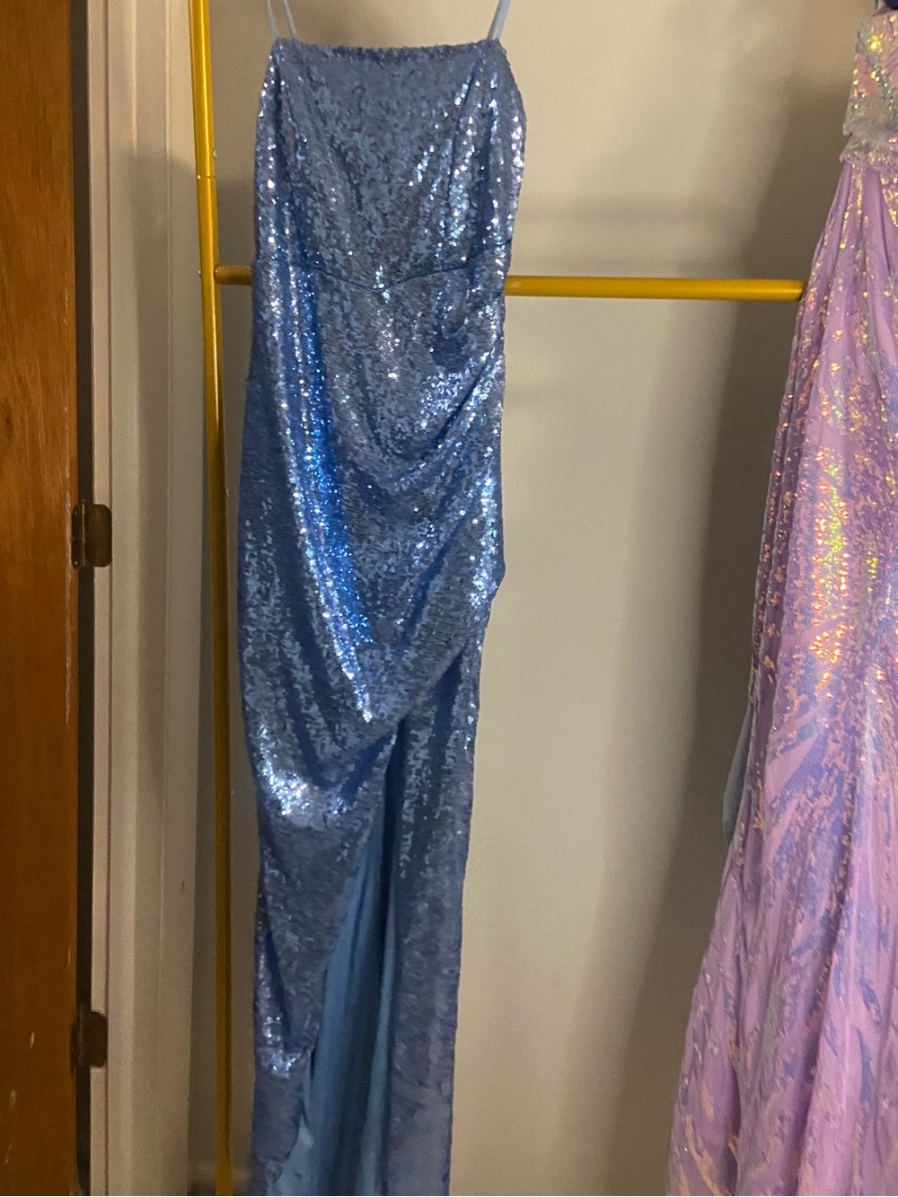 Honey and Rosie Sky Blue Sequin Spaghetti-Strap Prom Dress